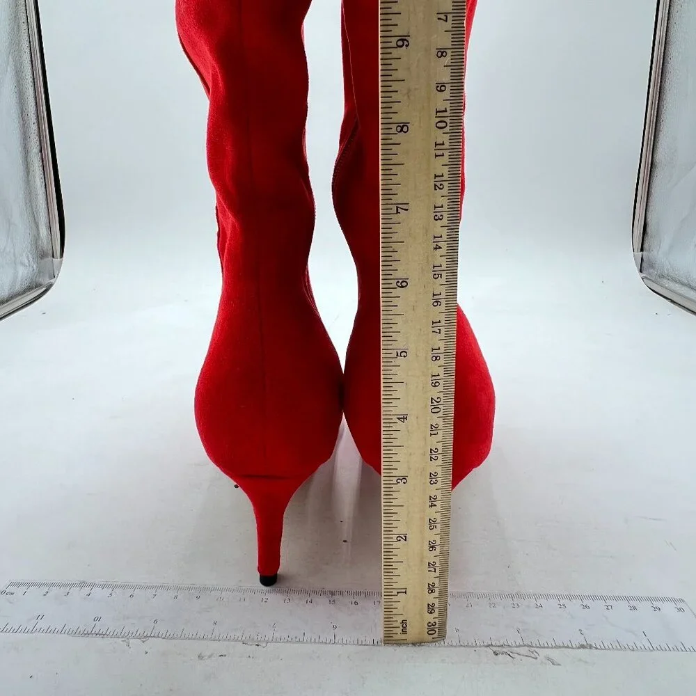 Red Suede Pointed Toe Over The Knee Boot Side Zip Mid Heel Thigh High Boots
